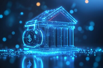 Glowing blue digital bank icon on blue background with mock up place. 