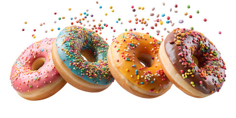 Close-up of assorted donuts with colorful sprinkles, transparent PNG file