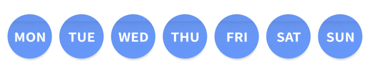Days of the week. Set of blue round paper stickers. Stick in notes. Sheets of paper. Tag, sticky note. Calendar or weekly planner, schedule organizer. Seven days	