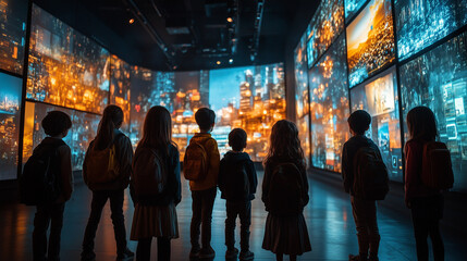 A group of children on a virtual field trip, where they explore a digital museum of online safety and cybersecurity, with interactive exhibits.