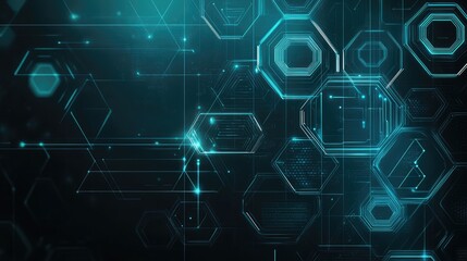 Obraz premium Geometric tech background with hexagons, circuit motifs, dark blue-grey tones, and glowing teal accents, evoking innovation and sophistication.