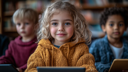 A group of children in a library setting, using tablets to participate in a digital literacy game that teaches them about the importance of strong passwords.