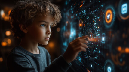 A young boy in a futuristic study room, using a holographic interface to learn about safe online behavior, surrounded by virtual security icons.
