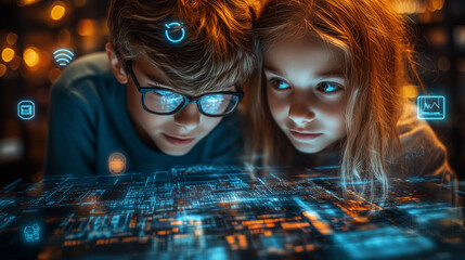 A boy and girl collaborating on a digital project, surrounded by floating icons representing online safety, such as locks, shields, and secure connections.