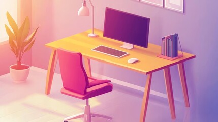 Modern Home Office Desk with Comfortable Chair and Computer - A minimalist home office setup featuring a wooden desk, a comfortable pink office chair, a computer, a lamp, and a plant, symbolizing prod