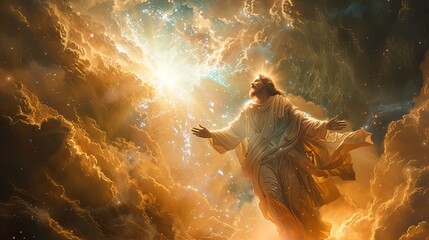 Naklejka premium A figure stands amidst a breathtaking glow with surrounding mystical and ethereal elements. The scene is filled with serenity, wonder, and a sense of transcendental journey and spiritual beauty.