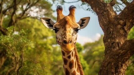 Fototapeta premium Curious Giraffe Portrait in a Lush Forest