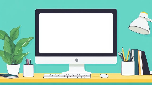 Modern Desk Setup with Computer, Plant, and Supplies - A clean and modern desk setup with a computer, a plant, a desk lamp, and office supplies. It represents productivity, organization, and a workspa