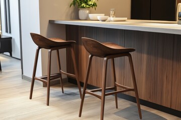 Modern Walnut Bar Stools in a Contemporary Kitchen - Two sleek walnut bar stools sit at a contemporary kitchen island, embodying modern design, functionality, and natural beauty.