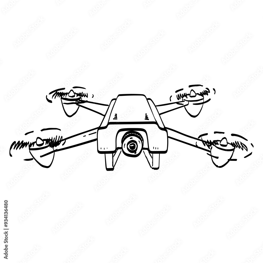 Poster drawing sketch style illustration of a a drone with camera flying viewed from front on isolated back