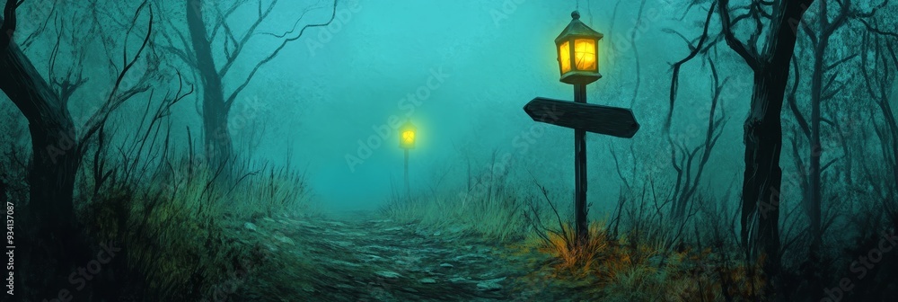 Poster mysterious path in a foggy forest with a signpost and lantern - a lone, winding path through a dense