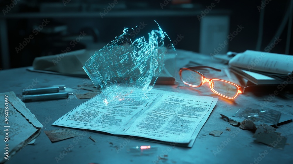 Poster mysterious hologram on open book - a futuristic scene with a shattered hologram hovering over an ope