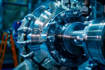 Fototapeta premium High-tech particle accelerator equipment with glowing lights and intricate metal components, showcasing cutting-edge scientific technology.