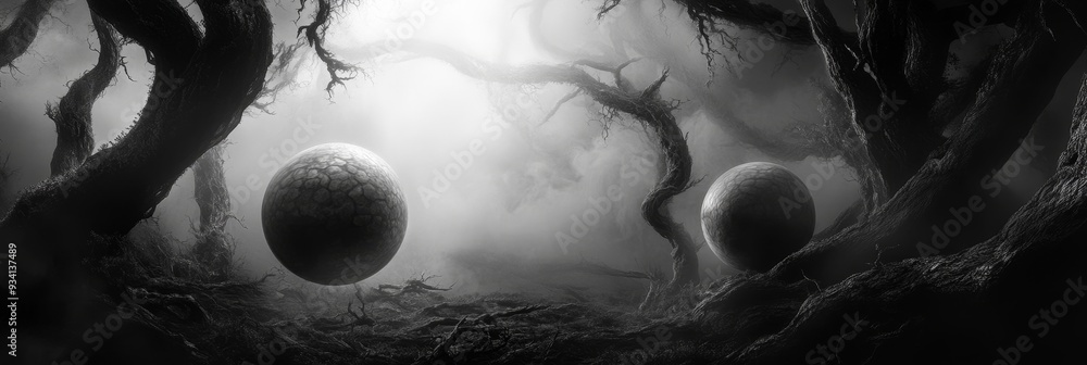 Poster mystical forest with floating orbs - two orbs float amidst a dense, foggy forest, symbolizing myster