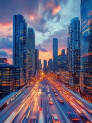 Obraz premium Busy city highway at sunset with long exposure capturing streaks of lights from cars, surrounded by towering modern skyscrapers.