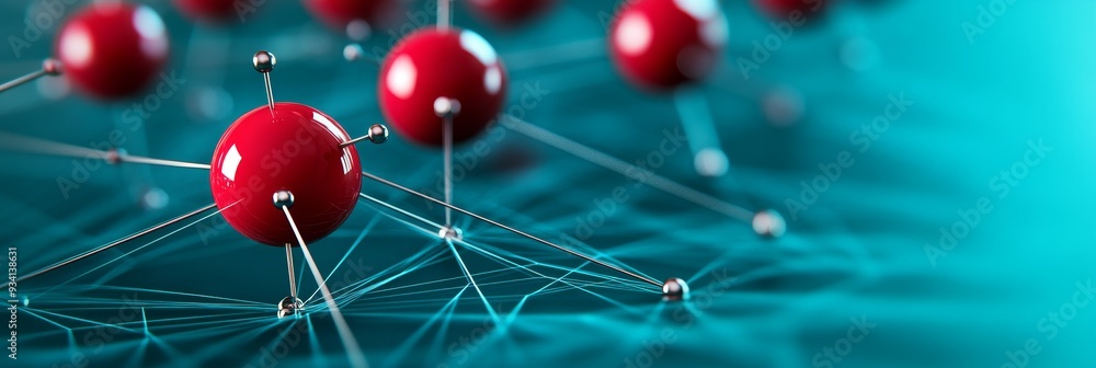 Poster red spheres connected by lines on abstract turquoise background - red spheres interconnected by line