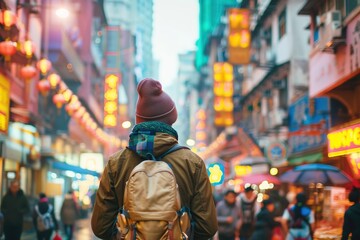 Obraz premium solo traveler with a backpack exploring a bustling city street, with colorful buildings and street vendors, bright and vibrant lighting, dynamic and immersive composition 