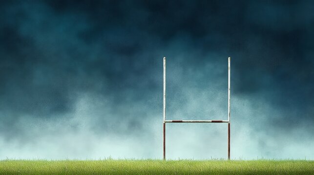 Rugby Goalposts Under Dramatic Sky - A single rugby goalpost stands on a green field against a dramatic stormy sky, symbolizing determination, challenge, ambition, and victory. - Powered by Adobe