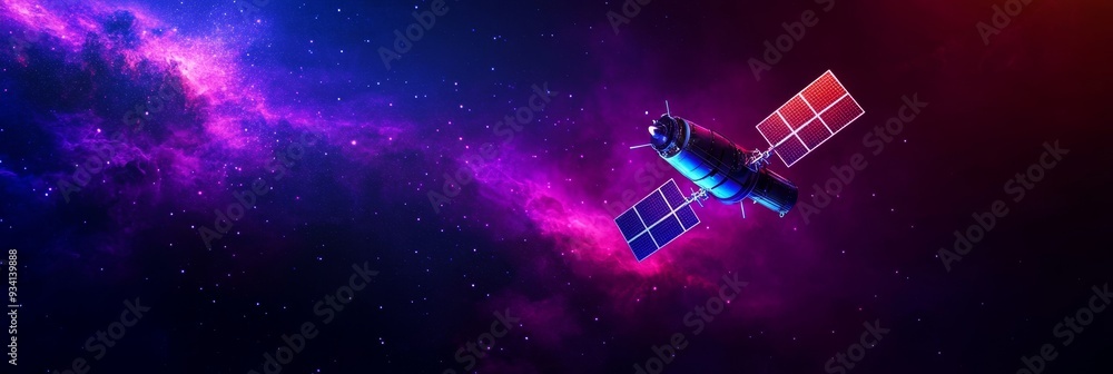 Poster satellite in space with nebula background - a satellite orbiting in space against a vibrant nebula b