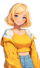 Una joven sonriente con cabello rubio y corto, vestida con un top amarillo y una chaqueta ligera, irradiando alegría y frescura en un ambiente luminoso y positivo