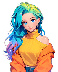 Una joven creativa con cabello colorido y un suéter amarillo sonríe, destacando en un fondo transparente, reflejando alegría y modernidad en un entorno urbano
