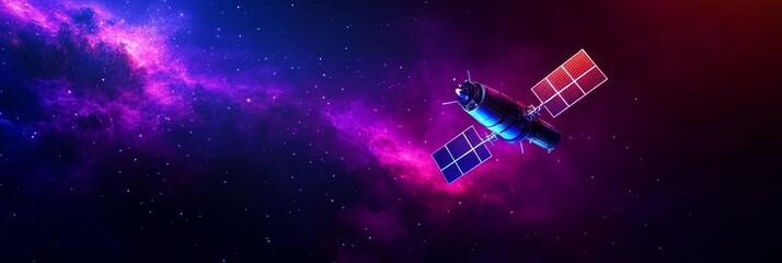 Satellite in Space with Nebula Background - A satellite orbiting in space against a vibrant nebula backdrop, symbolizing exploration, technology, communication, vastness, and the future.