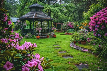 Obraz premium A garden with a gazebo and a path