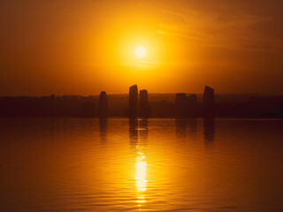 Fototapeta premium view of baku city from sea at sunse