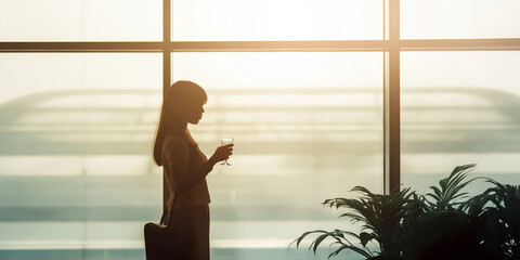 Fototapeta premium Silhouette of Woman Holding Drink by Window with Sunlight Indoors in Modern Minimalist Setting