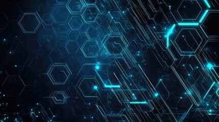 Fototapeta premium Tech background with hexagonal geometry, circuit designs, dark blues, and greys, glowing teal and electric blue details, innovative style.