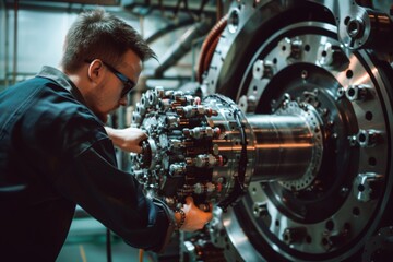An engineer closely examines a particle accelerator engine, focusing on the intricate mechanical components in a high-tech laboratory environment.