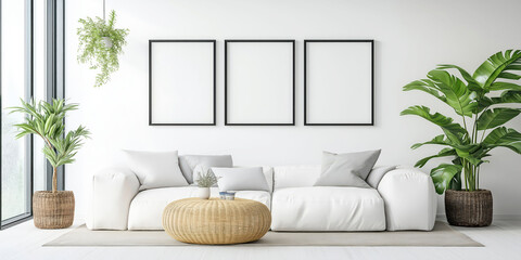 Modern Minimalist Living Room with White Sofa, Indoor Plants, and Decorative Frames