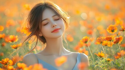 Naklejka premium Beautiful Woman with Closed Eyes in Field of Orange Flowers