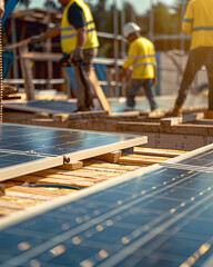 Builders installing solar panels on a house