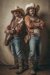 Two musicians in retro cowboy attire showcasing their talents in a rustic setting, capturing the spirit of the Wild West