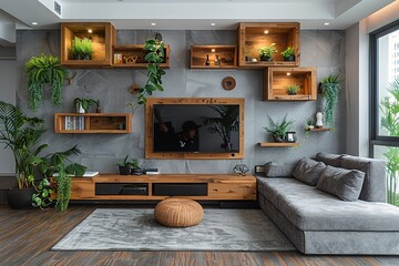 A living room with a large flat screen TV mounted on the wall