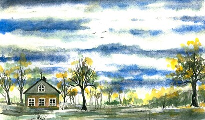 Landscape with house and clouds after the rain. Watercolour illustration.