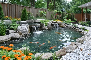 A beautiful garden with a large pond and a waterfall