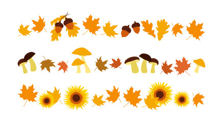 Fall border lines from autumn leaves and mushrooms. Set of autumn leaves pattern line, herbal elements. Fall orange leaves, acorns and sunflowers. Back to School decoration, Halloween, Thanksgiving. © LENNAMATS