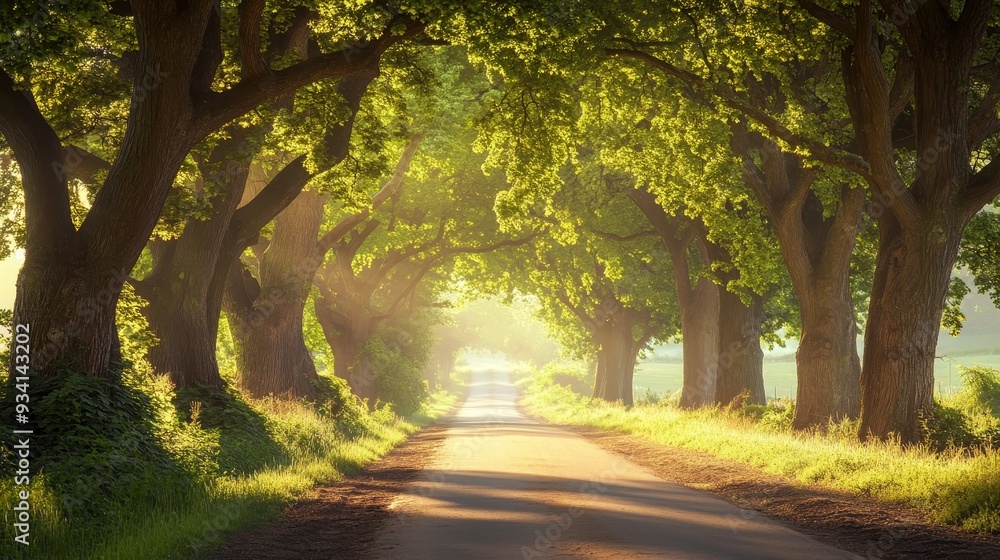 Poster sunlit pathway through a canopy of trees - a serene country road lined with tall trees, sunlight fil