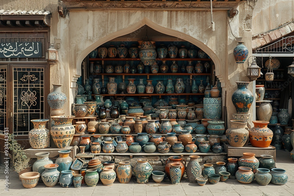 Poster a large display of colorful vases in a store