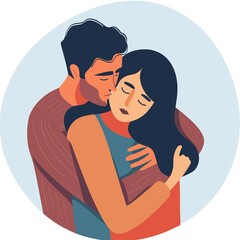 Couple embracing tenderly sharing intimate moment against pastel background