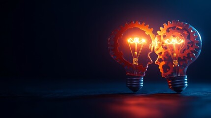 Two Light Bulbs with Gears Representing Collaboration and Innovation - Two light bulbs with gears intertwined symbolize collaboration, innovation, creativity, and teamwork.  They represent the power o