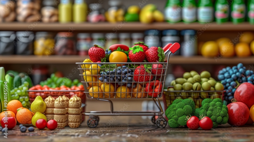 Poster a captivating concept art portraying a realistic 3d rendering of a supermarket shopping cart overflo