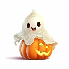 Cute ghost character emerging from a carved pumpkin during Halloween festivities