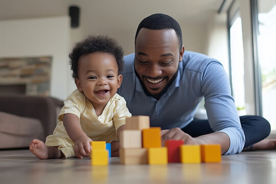 A joyful moment of a father and son playing together on the living room floor filled with colorful building blocks
