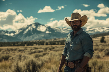 Cowboy standing proudly in a vast Montana landscape under a bright July sky