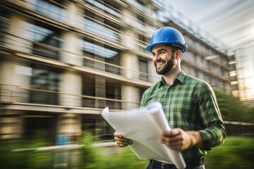 Fototapeta premium An engineer in a blue construction helmet holds design documents in his hands against the background of a construction site.