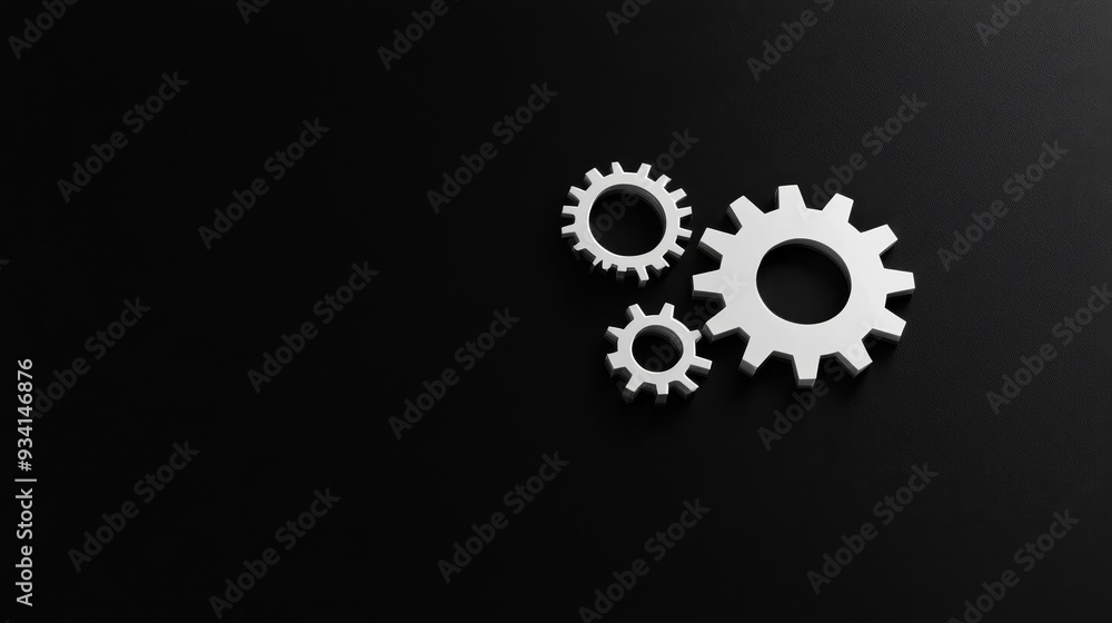 Poster white gears on black background - teamwork and collaboration - three white gears interlocked on a bl