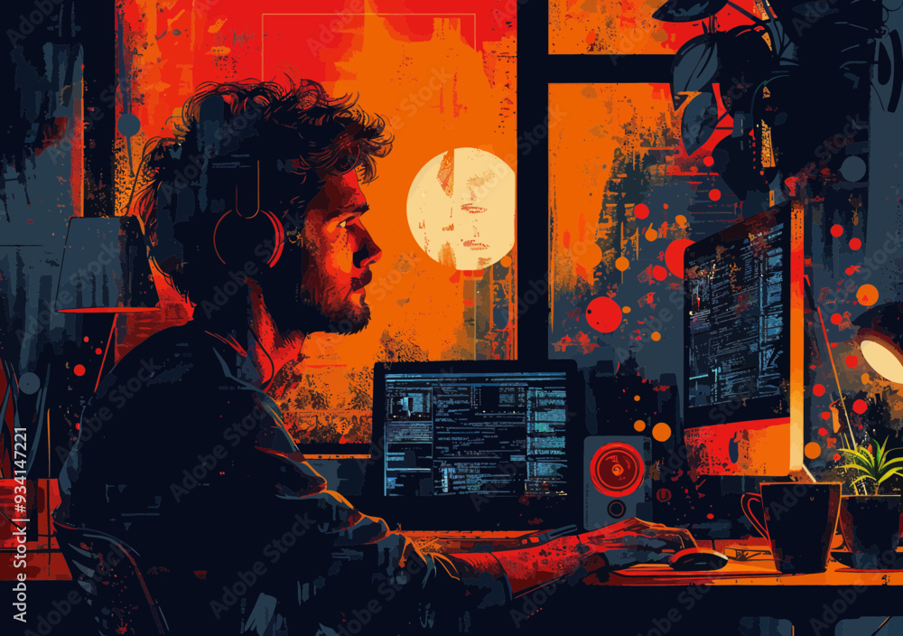 Poster tech support at night: dedicated customer service professional providing online technical assistance
